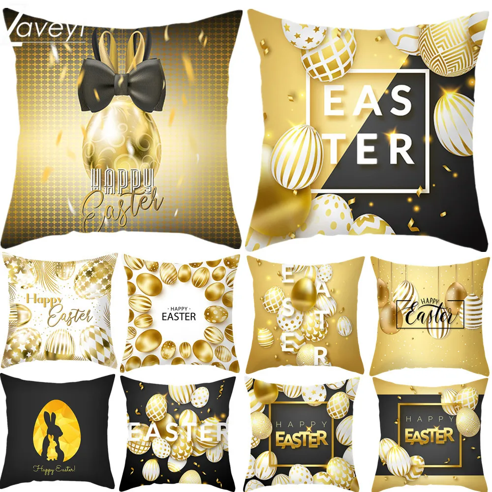 

2023 Easter Day Pillowcase Golden Black Luxury Modern Party Home Decorative Throw Cushion Cover Easter Bunny Egg Pillow Cover