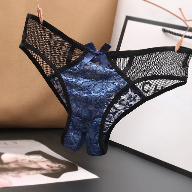 Sexy Lace Open Underwear Japanese Low Rise Crotch Thong Color Matching Net  Cloth Panties Women Thongs