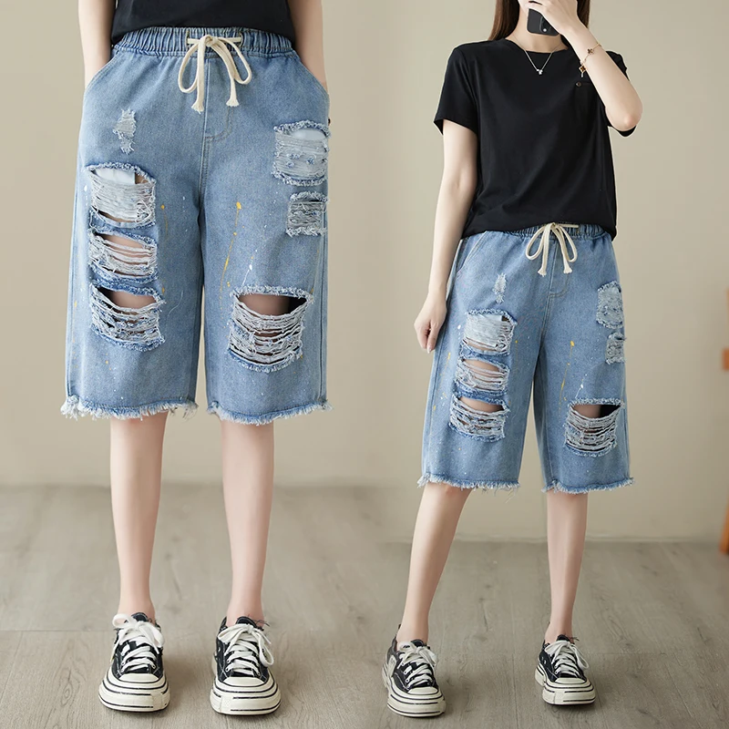 

6205 Women Ripped Hole Denim Shorts Female Summer Fashion Elastic Waist Solid Color Splash Ink Streetwear Chic Half Length Pants