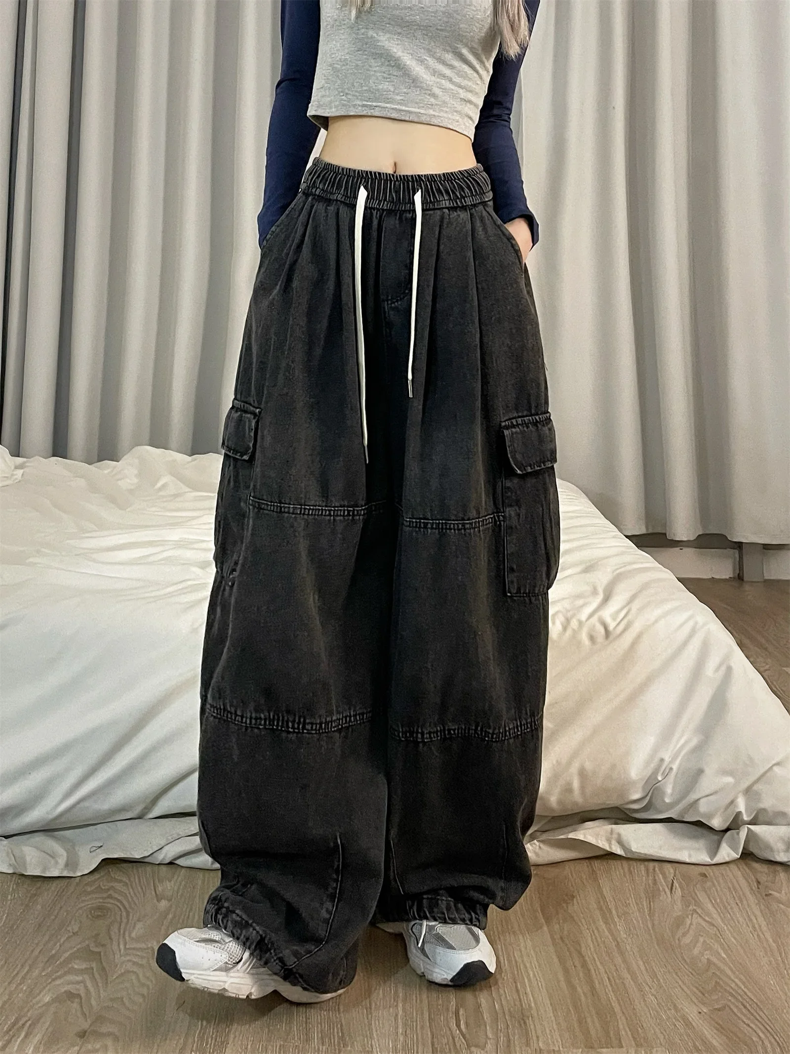 Vintage Blue Cargo Jeans Women Baggy Denim Pants Oversized Y2K