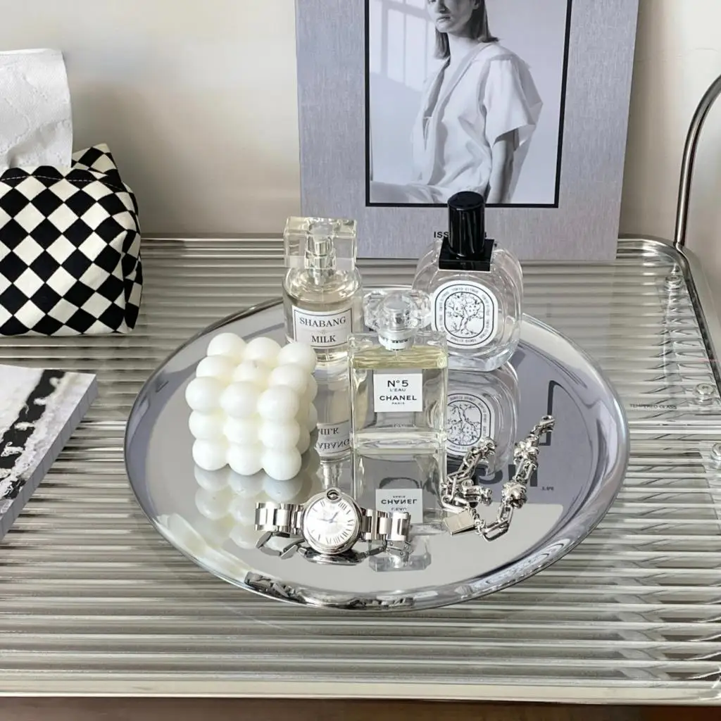 ミラーシルバートレイ 高級感 デスクトップ収納 化粧品 ジュエリー