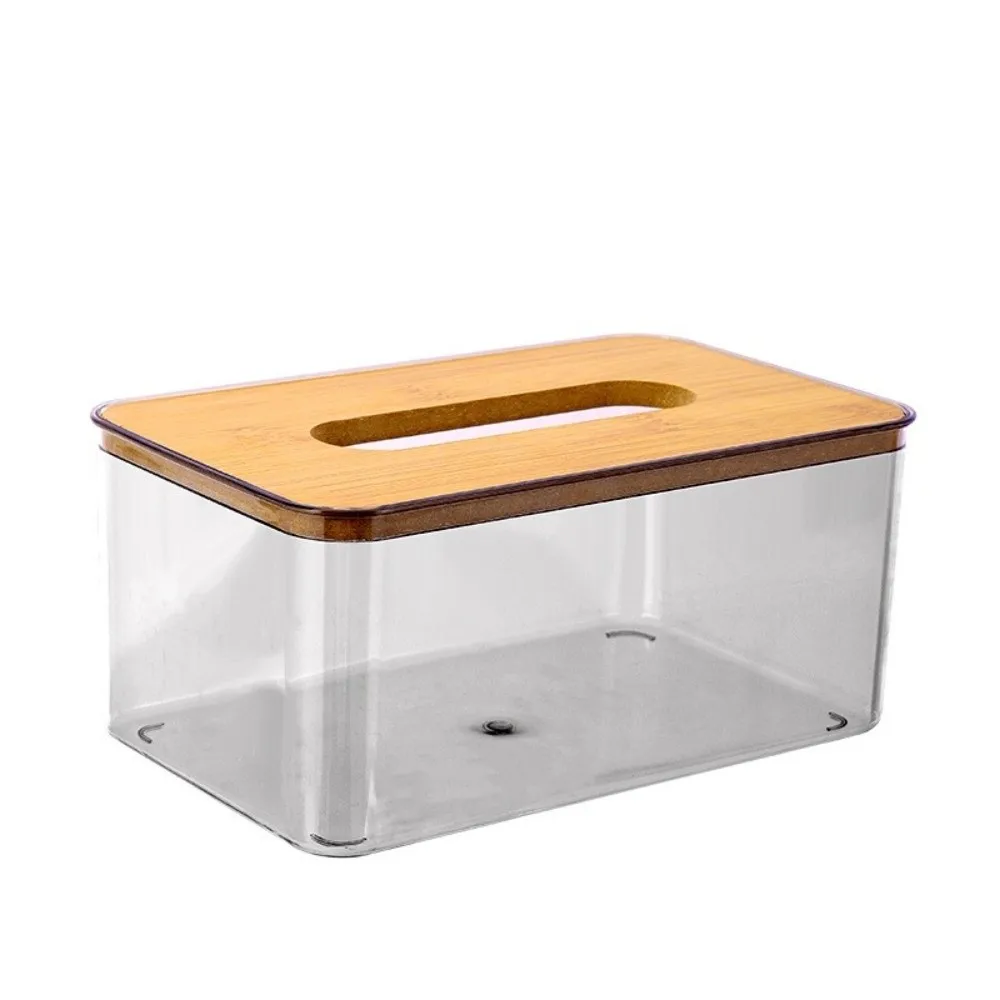 Transparente Kunststoff-Taschentuchbox Multifunktionale Papierhandtuchbox Langlebiger Holzdeckel Serviettenhalter für den Haushalt – Detail 6