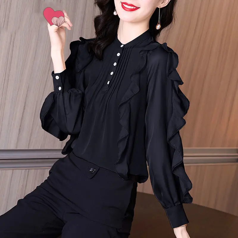 

Ruffle Elegant Chic Office Lady Commute Black Shirts Spring New Fashion Stand Collar Long Sleeve Top Blouse Women Blusas Clothes