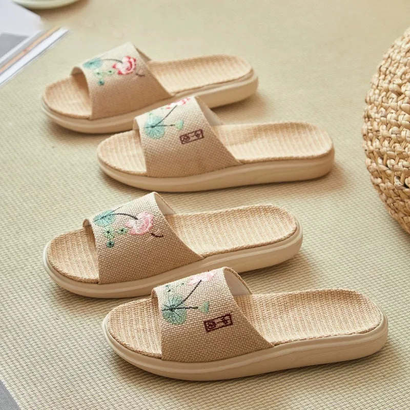 Flax cotton and linen slippers women open thick-soled embroidery couple home slippers