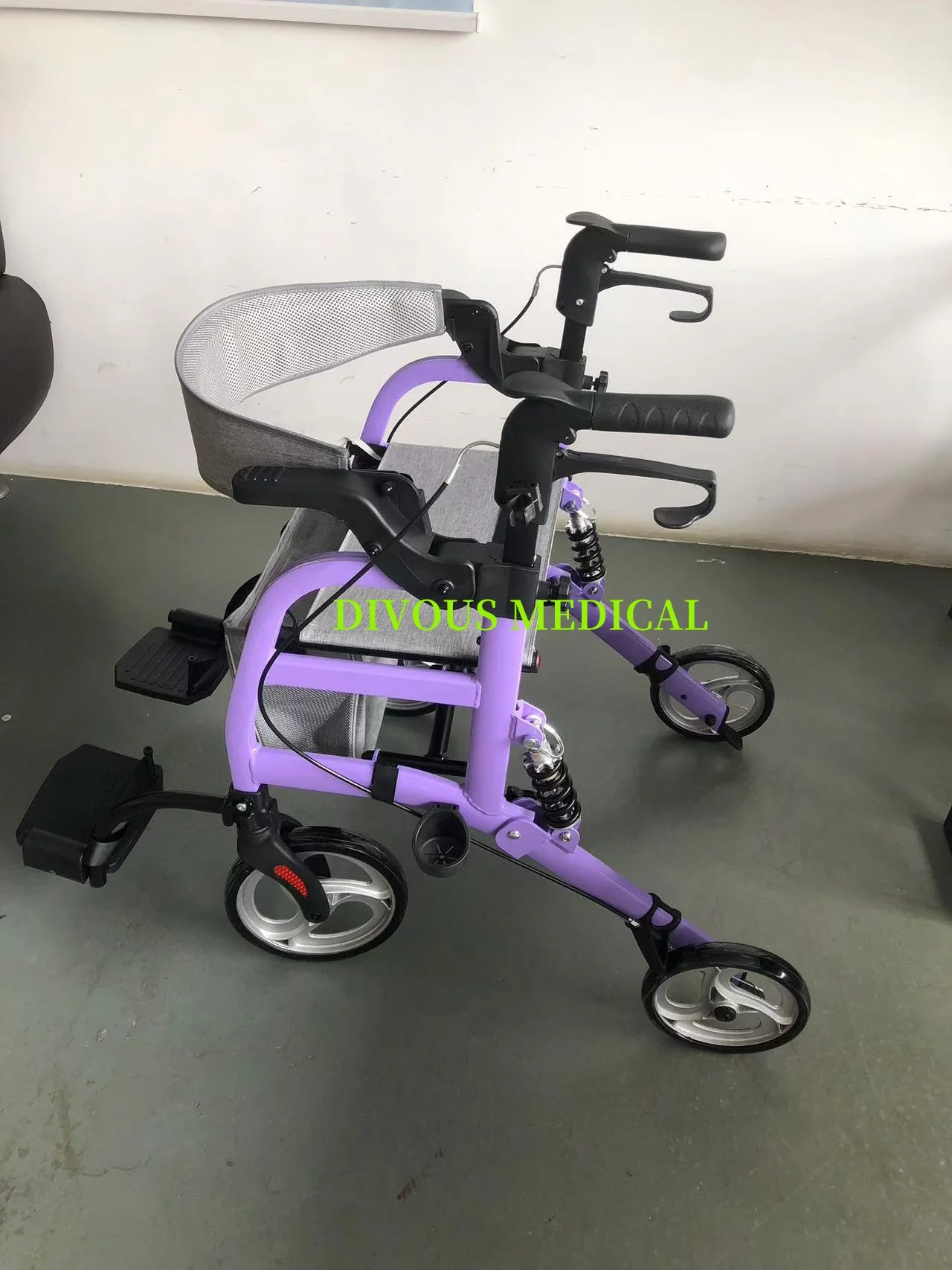 Transport Rollator Rolling Walker Combo with Hand Activated Brakes and Back Support