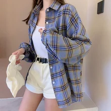 

Plaid Shirts Women Lantern Sleeve Cardigan Vintage Top Pink Purple Checkered Beautiful Blouse Fashion Button Up Oversize