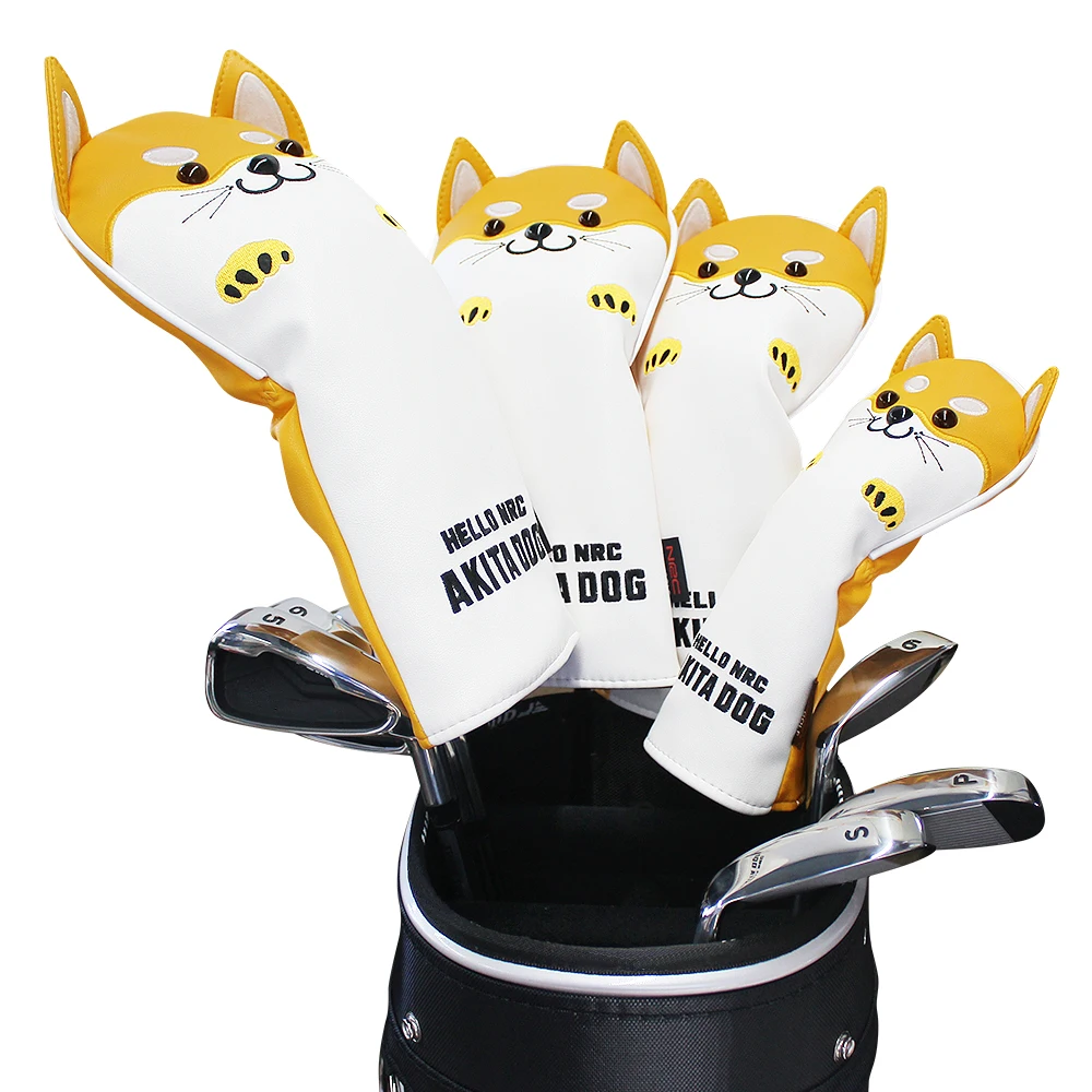 Golf Wood Head Cover for Driver Fairway Hybrid Cute Akita Golf Putter Cover PU Leather Waterproof Protector Golf Club Cover 3