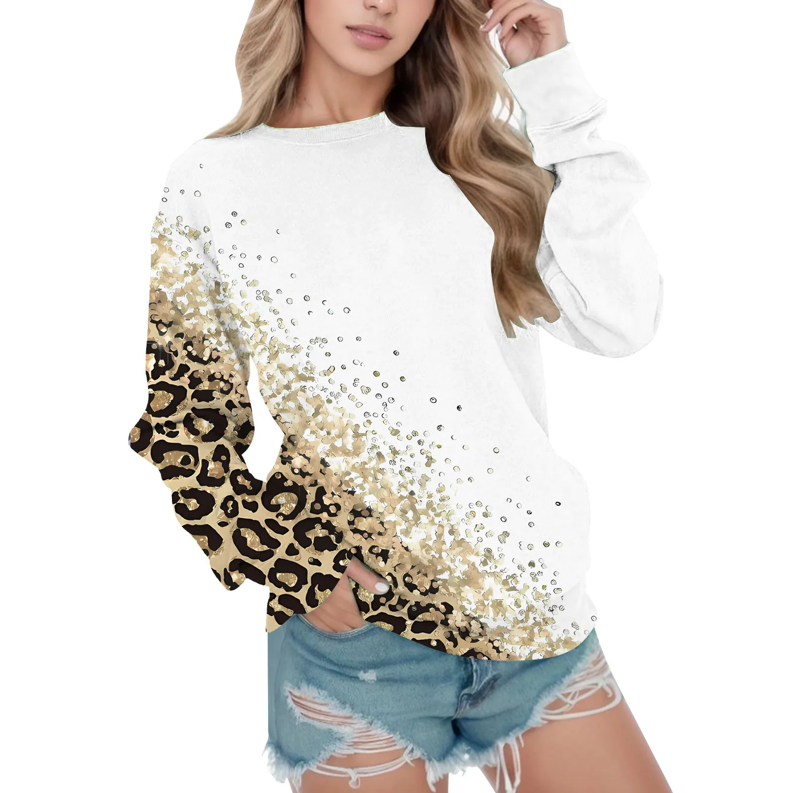 

Women Casual Leopard Print Sweatshirt Crew Neck Long Sleeve Top Pullover Loose Trendy Clothes Autumn Winter 2023 Tops Hoodies