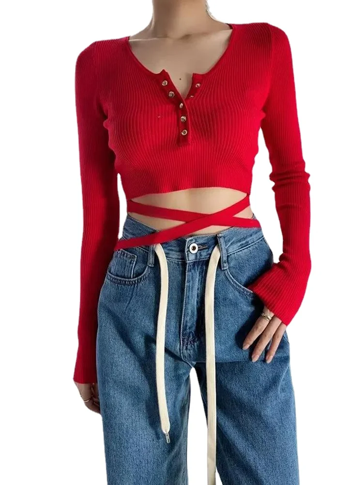 

Sexy V-neck Buttons Wrap Sweaters Women Rib Knitted Crop Pullovers Slim Elastic Solid Color