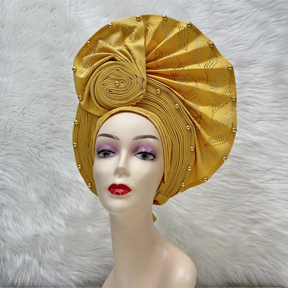 

Gold Sego Headtie with Beads and Stones, Aafrican Head Wrap, Auto Headscarf, Turban for Wedding and Party, Already Made