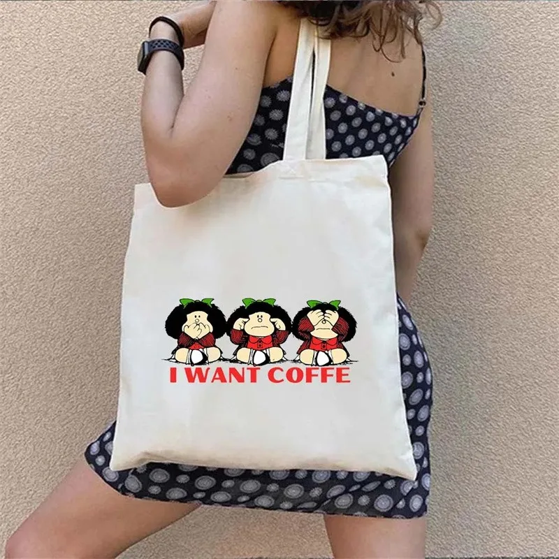 Kawaii Mafalda Women Tote Handbag Fashion Aesthetic Female Shoulder Bags Eco Large Capacity Shopping Bag Foldable Travel Purse 2