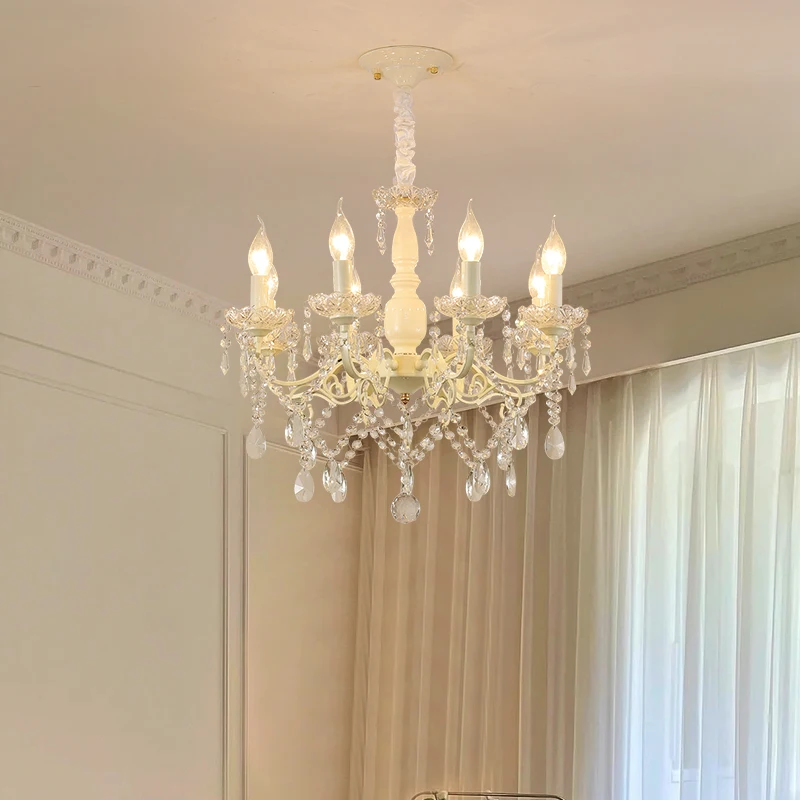 French Crystal Chandeliers Milky White Crystal Lamps Light Luxury Cream Style Dining Table Princess Room Girl Bedroom Chandelier