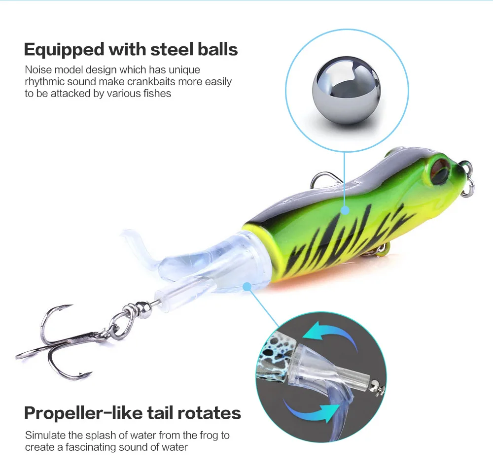 

ZWICKE Plopper Crankbait Artificial Bait Topwater Frog Shape Fishing Lure Hard Plopper Soft Rotating Tail Fishing Tackle 9cm 11g