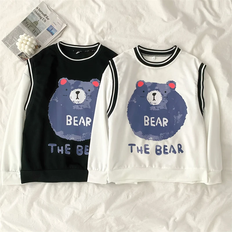 

harajuku women oversized hoodie casual long sleeve patchwork thin hoodies for student cartoon fake two sweatshirt kawaii clothes