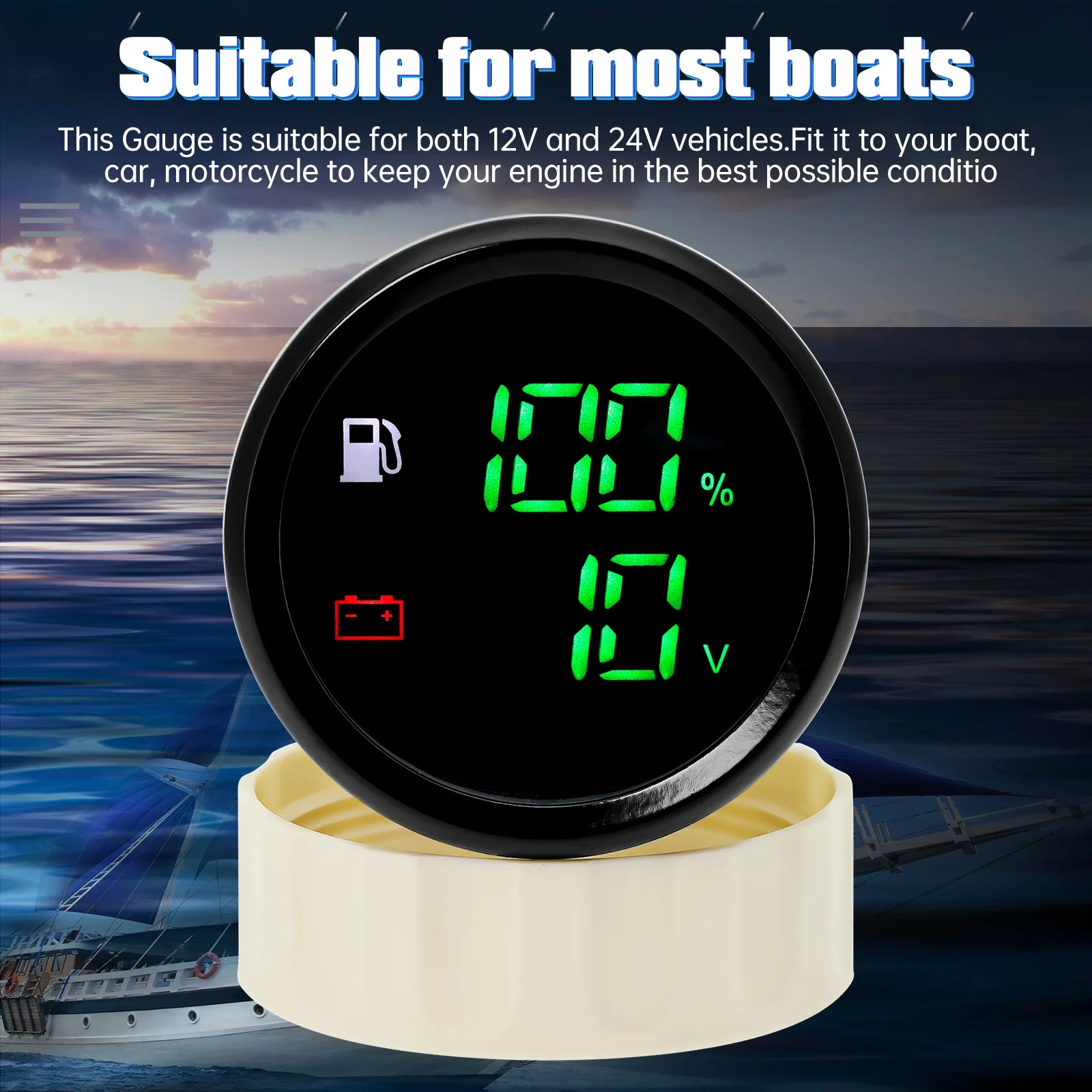 러시아 창고 녹색 LED 디지털 듀얼 게이지, 연료 레벨 계량기 및 전압계, 알람 포함, 자동차 보트 요트, 12V 24VDC, 52mm, 2 in 1