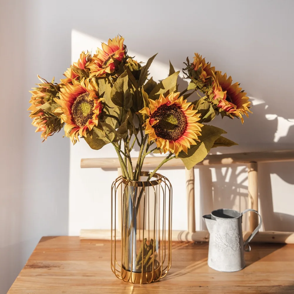 

5PCS Single Branch Artificial Sunflowers Wedding Bouquet Party Home Decoration Fake Silk Flowers Simulation Green Plant Decor