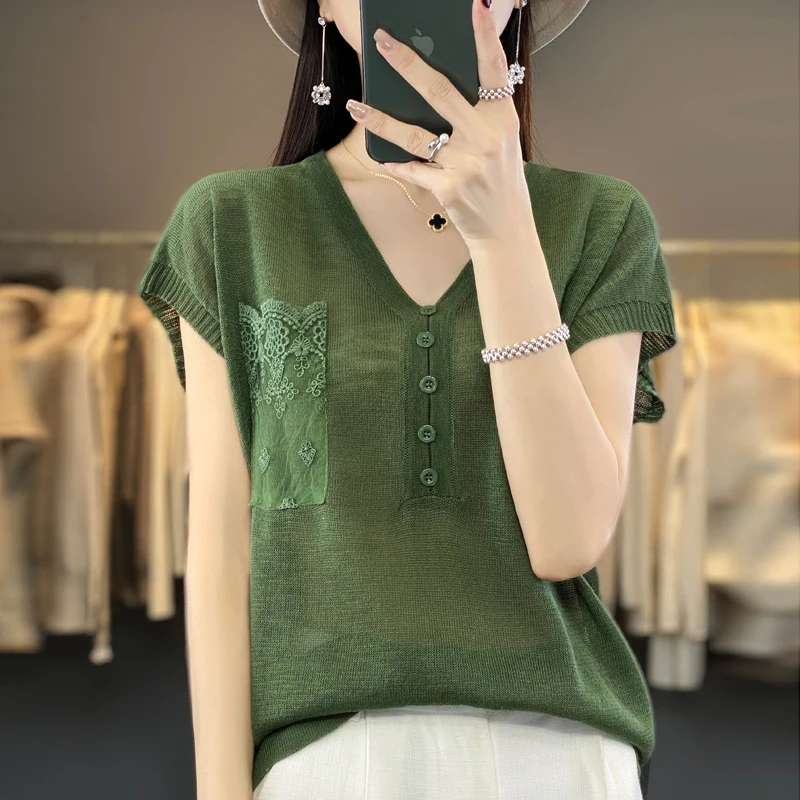 

Women's T-shirt Spring/Summer Worsted Knitted Cotton Short Sleeve Casual Ladies Tops V-neck Pullover Loose Blouse Button Tees
