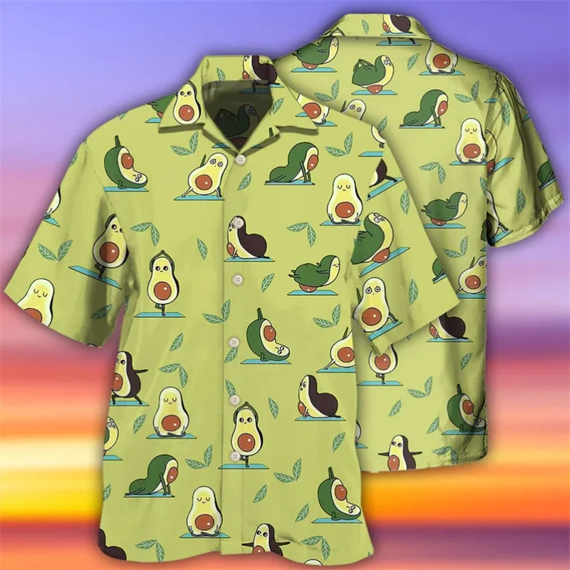 

Funny Hawaiian Fruit Avocado Short Sleeve Shirts For Men Clothes Persea Americana Mill Graphic Blouses Vacation Lapel Blouse Top