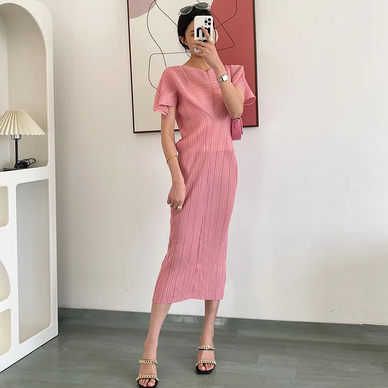 

2023 New Spring Summer Women Solid Batwing Sleeve Dress Female Pleated Temperament Mid Calf Long Dresses Office Lady Elegant