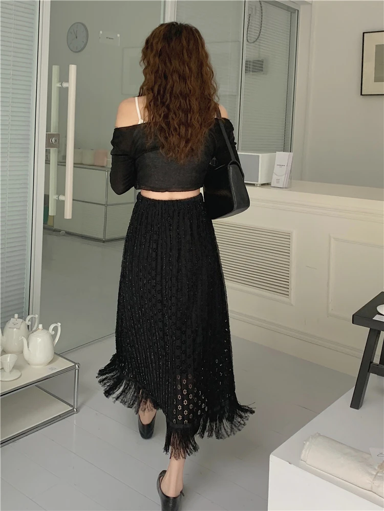 Hollow Lace Knitted Skirt Tassels Pleated Long Skirts Korean Elegant Casual Elastic High Waist Skirt Black Apricot Spring Summer white pleated skirt