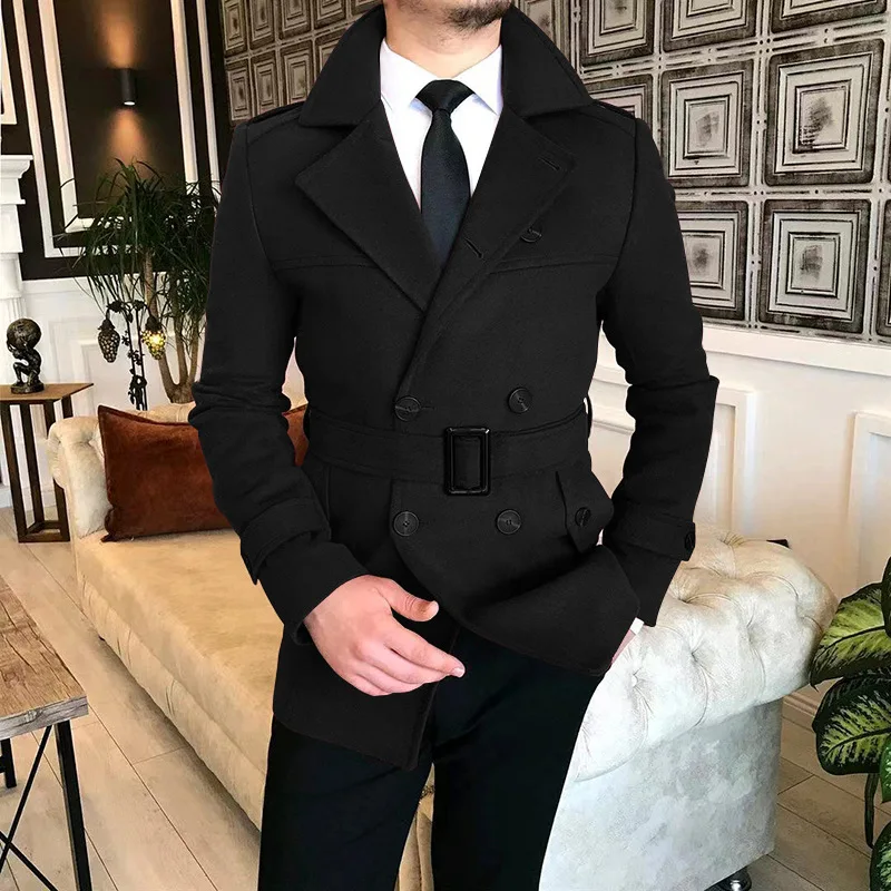 Tweed Man Jacket With Belt Autumn Winter Smart Casual Suit Turn-down Collar Male Slim Fit Double Breasted Blazers 1 Piece
