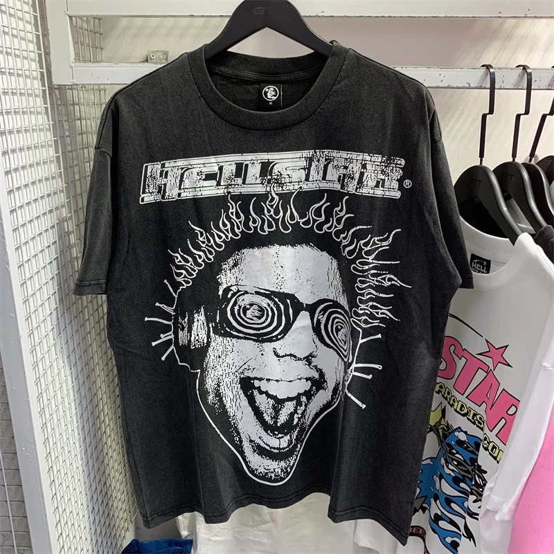 

Hellstar 100% Cotton Short Sleeve Rap Perimeter Print High Street Vintage Wash Round Neck Large Top T-shirt