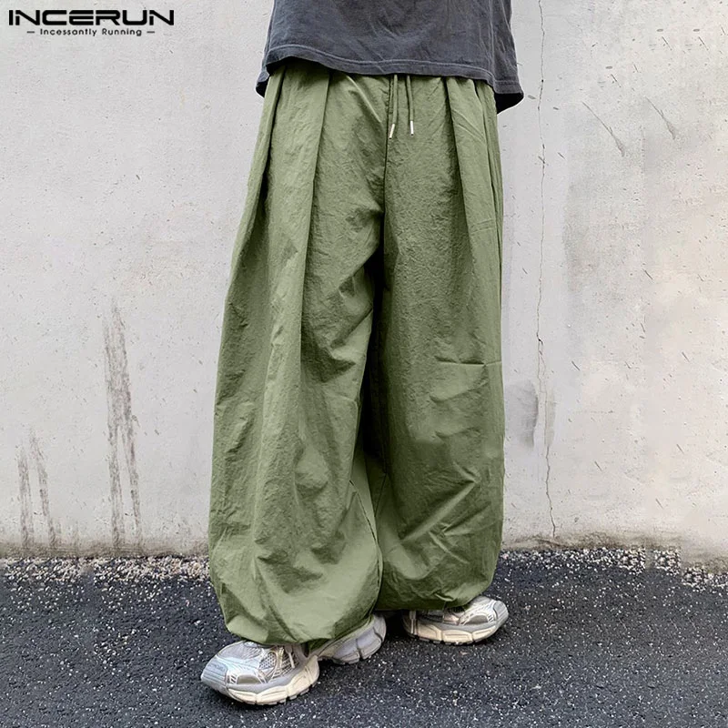 INCERUN 2024 Korean Style Trousers Men's Pleated Splicing Wide Leg Pantalons Casual Simple Male Solid Drawstring Long Pant S-5XL 2