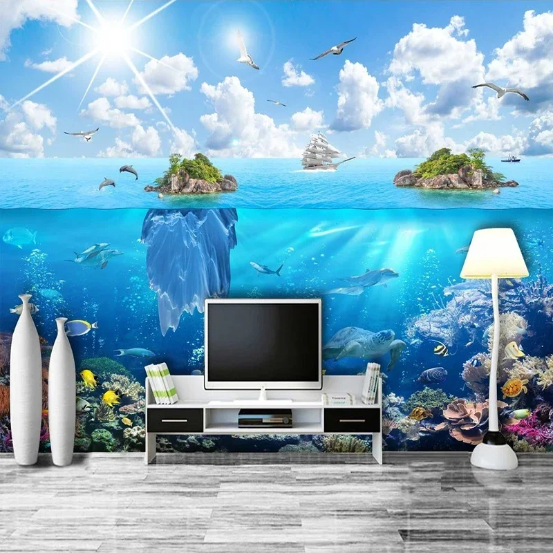 Custom Canvas Wallpaper Murals Sea Island Underwater World Seascape 3D Photo Wall Mural Home Decor Living Room Bedroom Decal custom wallpaper simple three dimensional geometric underwater world 3d background wall waterproof material