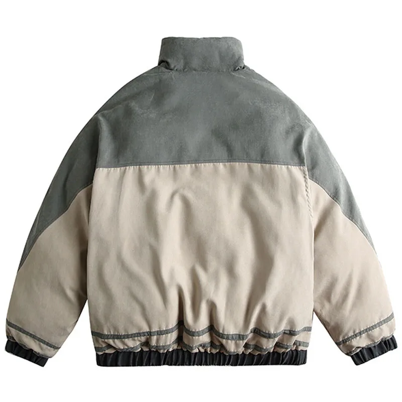 2023 Winter Padded Parkas Men Vintage Color Block Patchwork Coats Streetwear Oversized Casual Loose Zipper Varsity Jacket Unisex