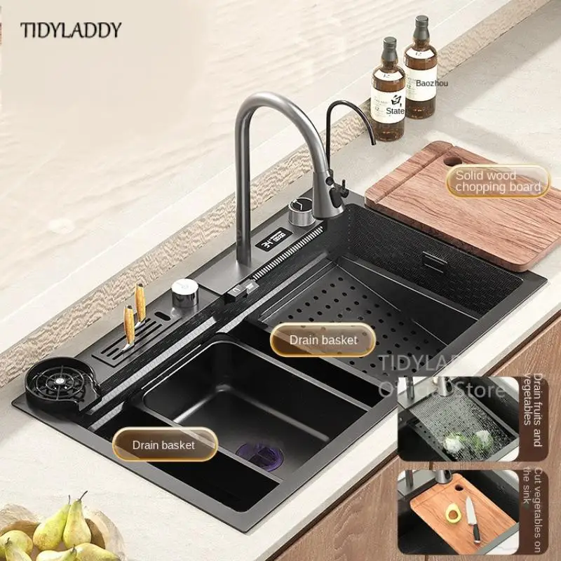 304 Stainless Steel Kitchen Waterfall Sink Digital Display Honeycomb Sink with Multifunction Waterfall Kitchen Accessories