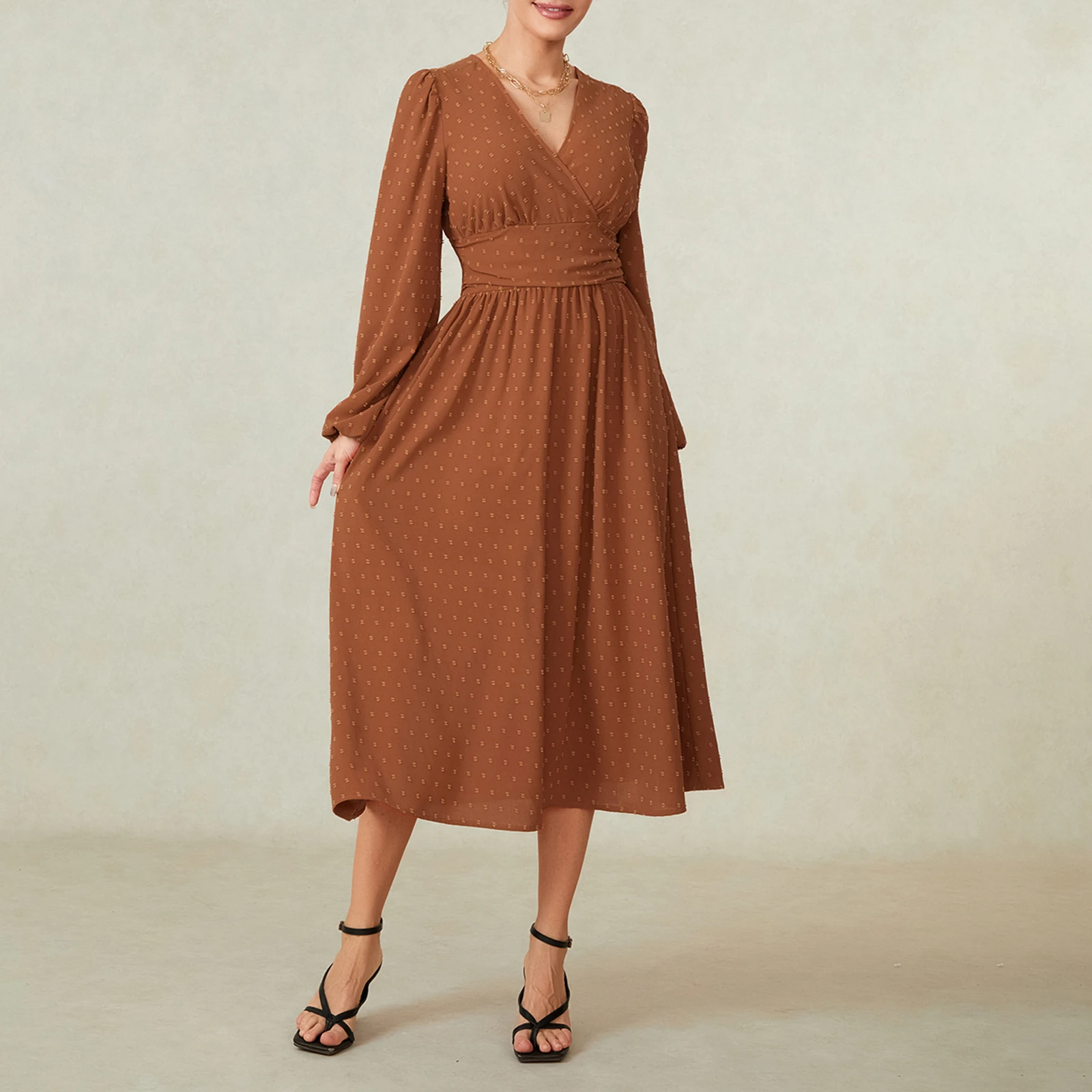 

Women Long Sleeve Dress Casual Swiss Dot A-Line Elegant Party Dress for Vacation Beach Cocktail Club Streetwear