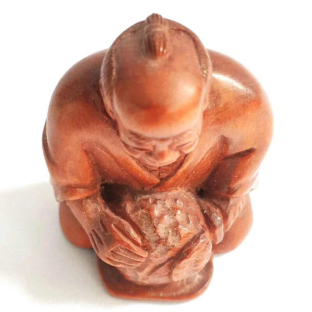 RS436, Collectible 20 Years Old 2" Hand Carved Japanese Boxwood Netsuke, Elder Man Figurine, People Sculpture, Small Ornaments 2