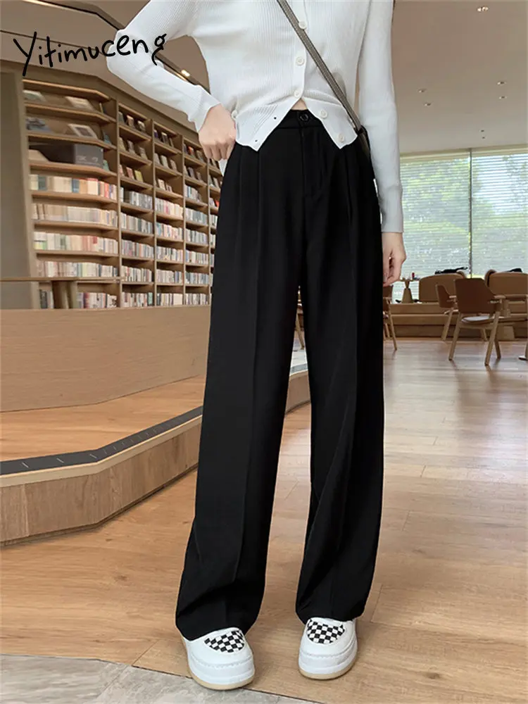 Yitimuceng Suits Pants Women 2023 New High Waisted Solid Wide Leg Pants  Korean Fashion Office Ladies Casual Straight Trousers - AliExpress