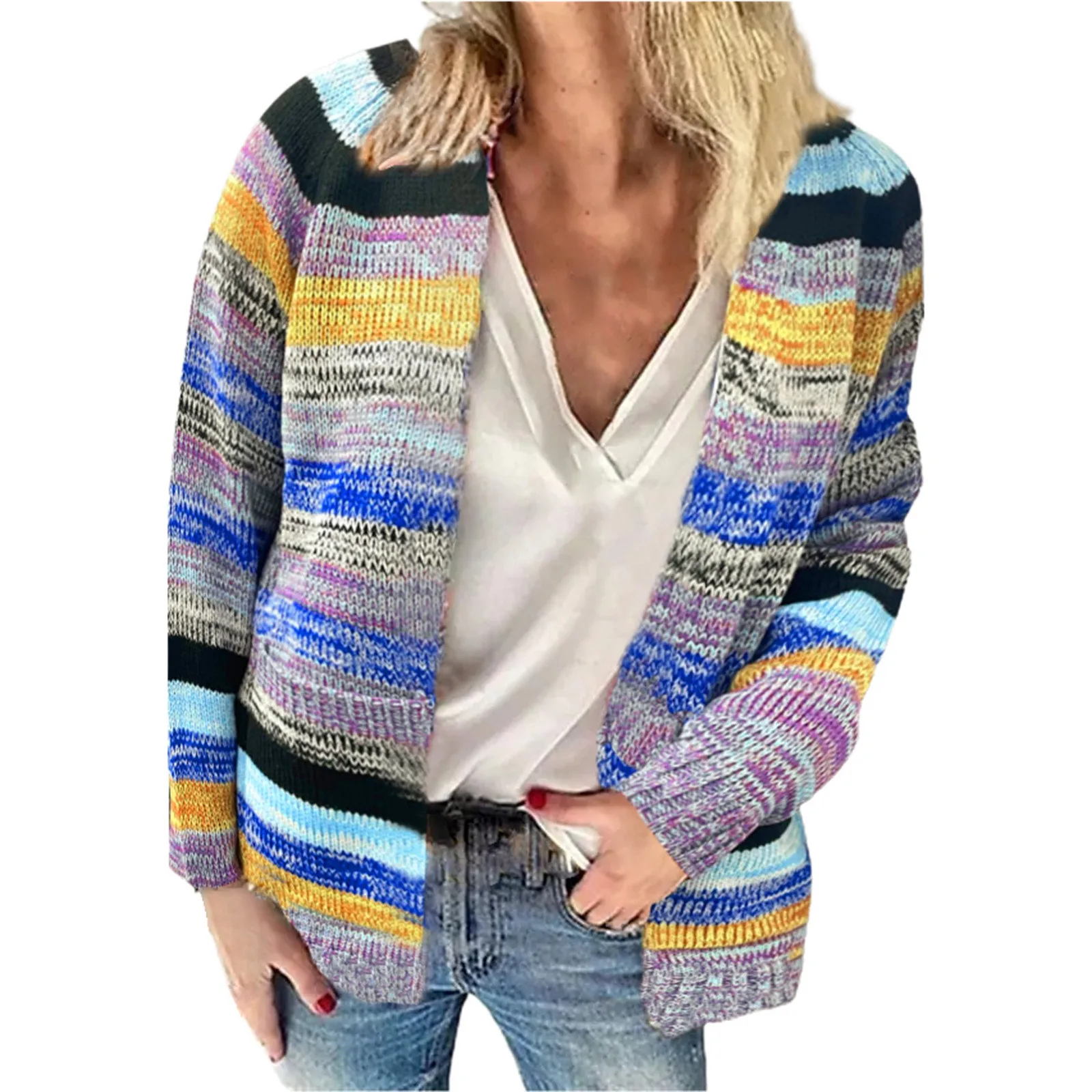 

Women Elegant Multicolor Print Knitted Cardigans Sweater 2023 Autumn Winter Long Sleeve Coat Tops Ladies Casual Pocket Sweaters