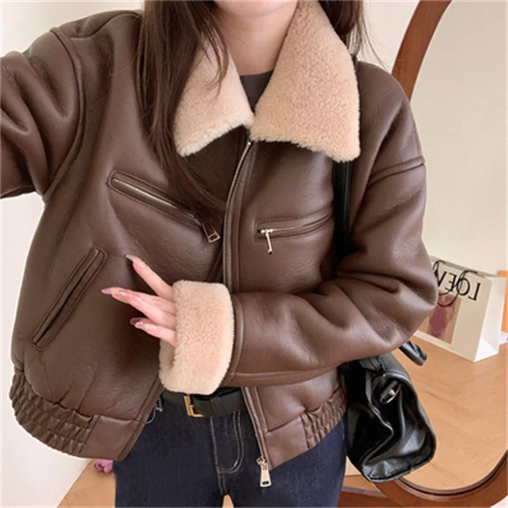 

2023 Korea Women Fashion Thick Warm Faux Leather Shearling Jacket Coat Vintage Long Sleeve Pockets Female Outerwear Chic Tops