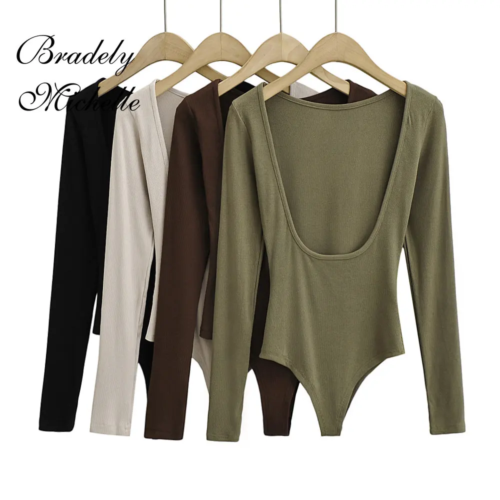 Women's Sexy Clothing Long-sleeve Solid Color Pullover One-Line Neck Backless Bodysuit Knitted Jumpsuit Top