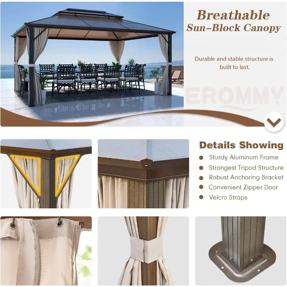 Gazebo Polycarbonate Double Roof Canopy Outdoor Aluminum Frame Pergola Permanent Pavilion Netting Curtains