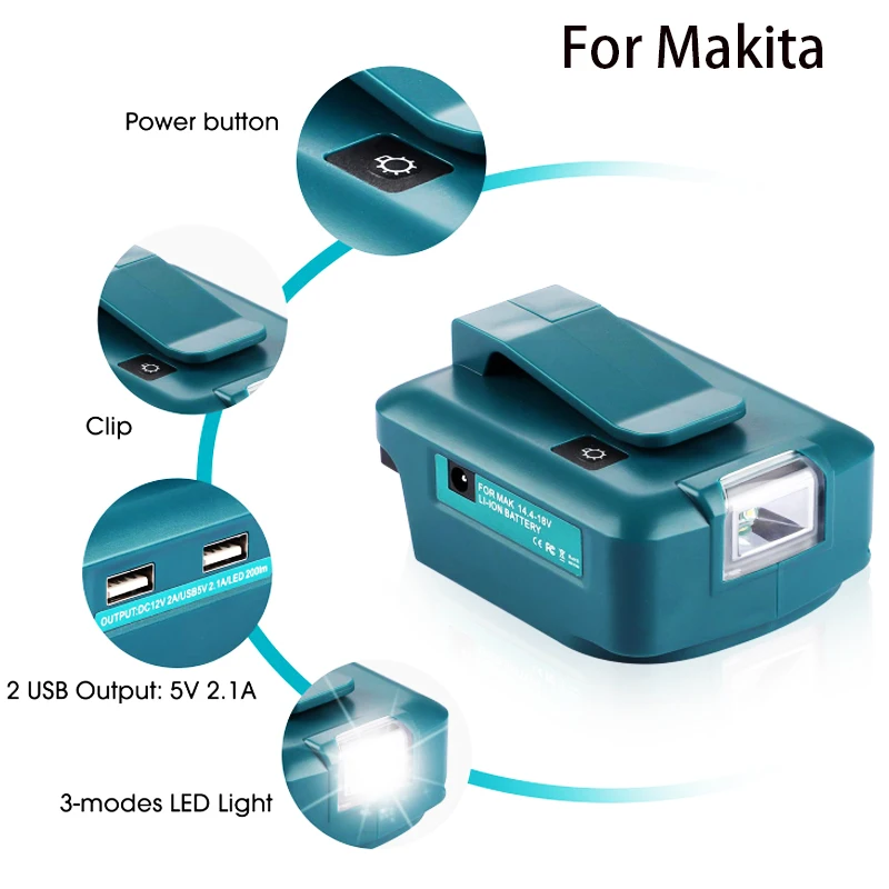 para Makita 14.4v 18v Lion Bateria Dupla Porta Conversor Usb com Luz Led Spotlight Lanterna ao ar Livre para Makita Baterias
