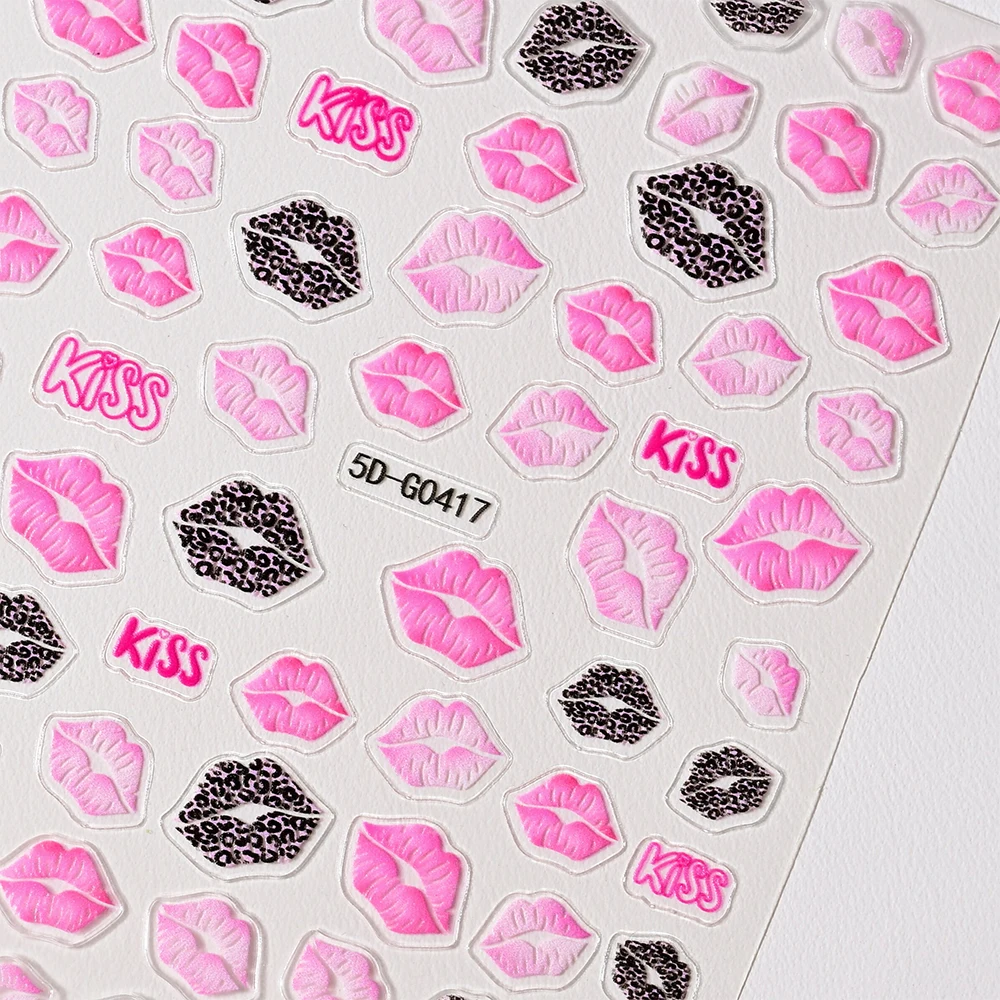 2개 발렌타인 3D 레드 립 프린트 네일 아트 스티커 핑크 키스 네일 데칼 접착 슬라이더 발렌타인 데이 매니큐어 액세서리
