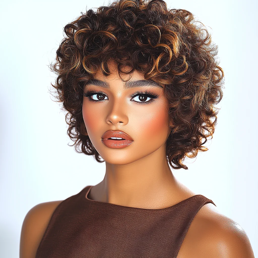 Black Peal Fluffy Pixie Cut Short Curly Human Hair Wigs with Bangs Machine Made Real Hair Wigs Pixie Cut Wig Human