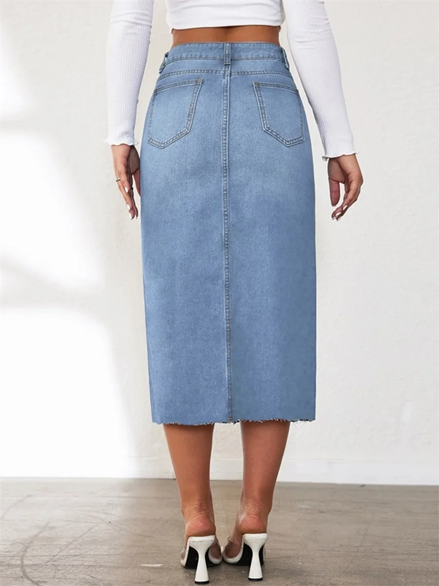 Women s High Waist A-Line Denim Skirt with Button Front Closure and Side Pockets Vintage Washed Jean Midi Skirt Casual Long