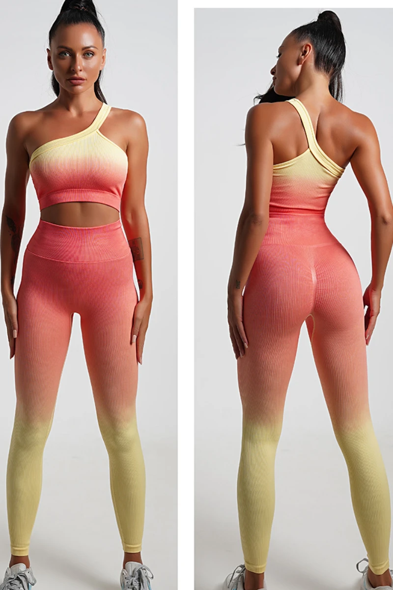 

2 piece set Gradient Color Fitness Workout Active Wear Women Outfits Yoga Gym Set Sportswear Suit Running Vest Bra Leggings Suit