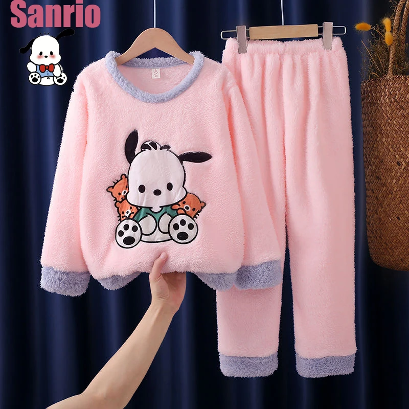 

Sanrio Hello Kitty Cinnamoroll Kuromi Pachacco Kawaii Cartoon Children Pajamas Winter Coral Fleece Thickened Warm Homewear Suit