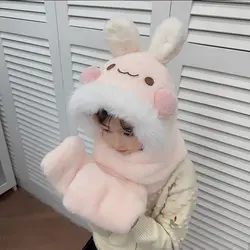 Cartoon Children Scarf New Winter Warm Ear Neck Protection Hat Scarf Gloves Set Fluffy Plush Caps Baby