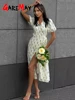 Casual Women's Summer Dresses 100% Cotton Floral Print A-line Midi Dress with Side Slits Long Elegant White Dress for Women 2025 2