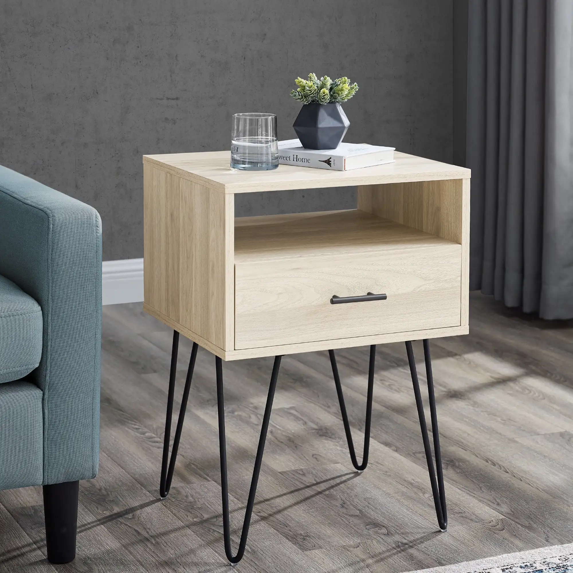 

Walker Edison 18 inch 1-Drawer Hairpin End Table, Birch