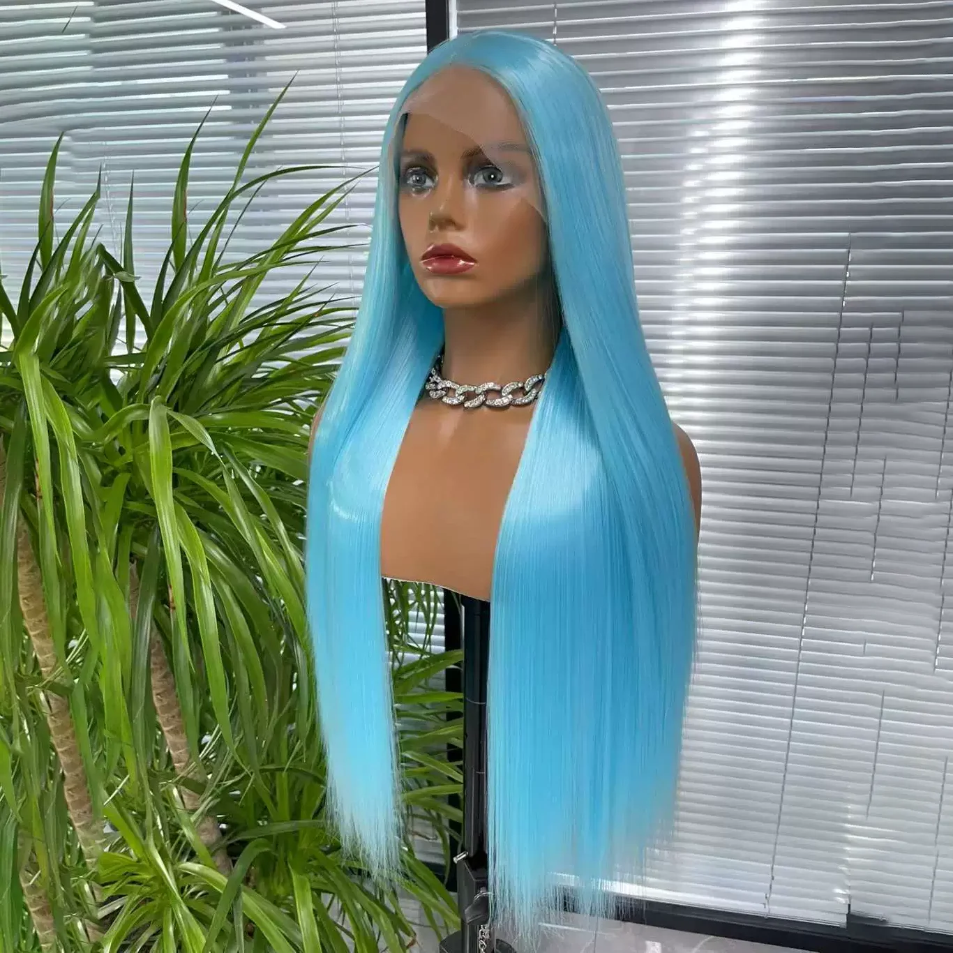 Sky Blue Synthetic Lace Front Wigs Ice Blue Color Silky Straight Hair Party Cosplay Daily Wear T Part Lace Wig