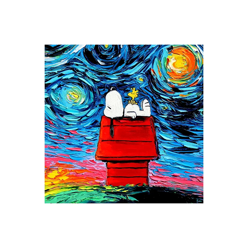 Cuadro de Snoopy Charlie Brown Woodstock, póster de arte de pared moderno, cuadro abstracto estilo Van Gogh, impresión en lienzo, decoración de habitación, regalo
