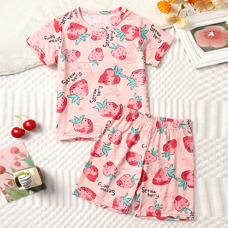 2-pcs 어린이 여름 패션 인쇄 홈 복장 소년 편안한 조커 공룡 반팔 소녀 달콤한 핑크 반바지 정장