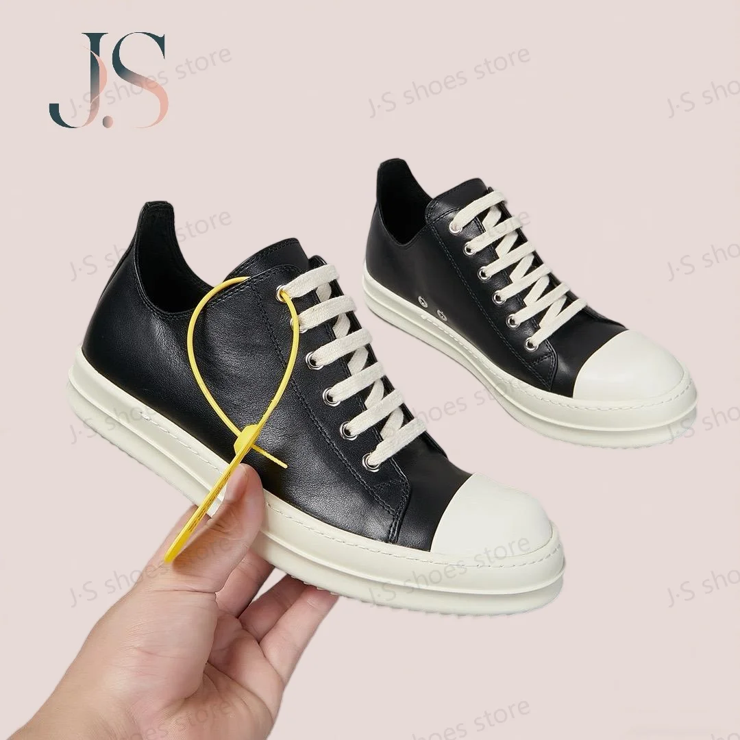 R-o Men Shoe Black Leather Low Top Casual Shoes Lace Up Women Sneaker Classic Design Thick Sole Black Cowhide Sneakers